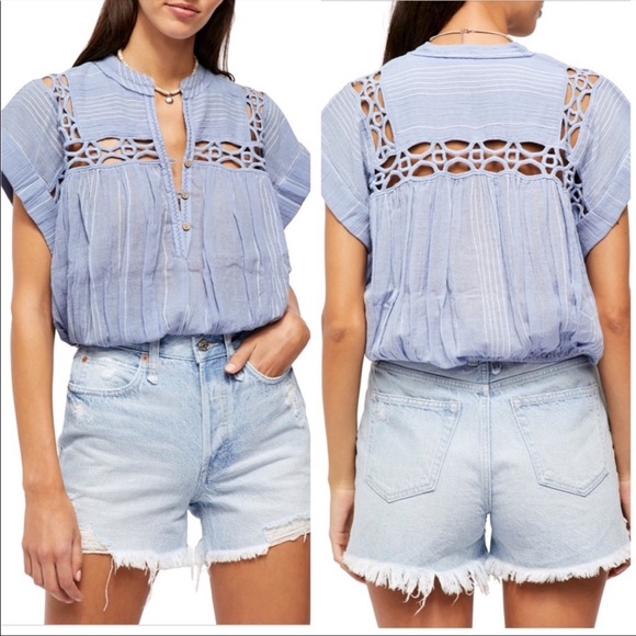 Free People Tops - NEW Free People Cedar Lace Trim Popover Blouse Top Blue Gauze Cotton Medium